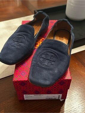 Tory Burch Navy Suede Logo Slip-On Loafers